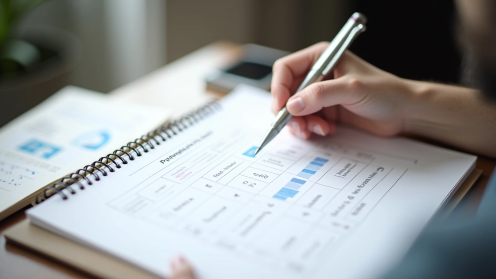 Designer skizziert Wireframe von Preistabelle mit Stift auf Papier