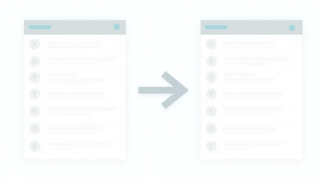 Schematische Darstellung zeigt Transformation einer horizontalen Tabelle zu vertikalem Stapel mit Pfeilen und Layoutänderungen